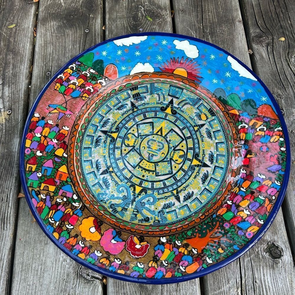 Mexican Folk Art Plate Terracotta Pottery Wall Hanging Hand Painted 16” - Picture 13 of 16